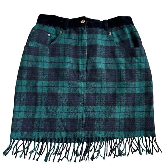 90s Express Green Plaid Skirt Fringe Velvet Waist Italy Fits Like Small Grunge - Picture 1 of 7
